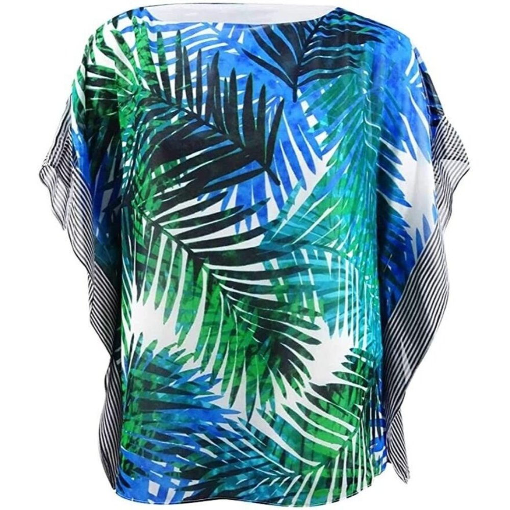 Calvin Klein Womens Plus Palm Print Striped Poncho Top